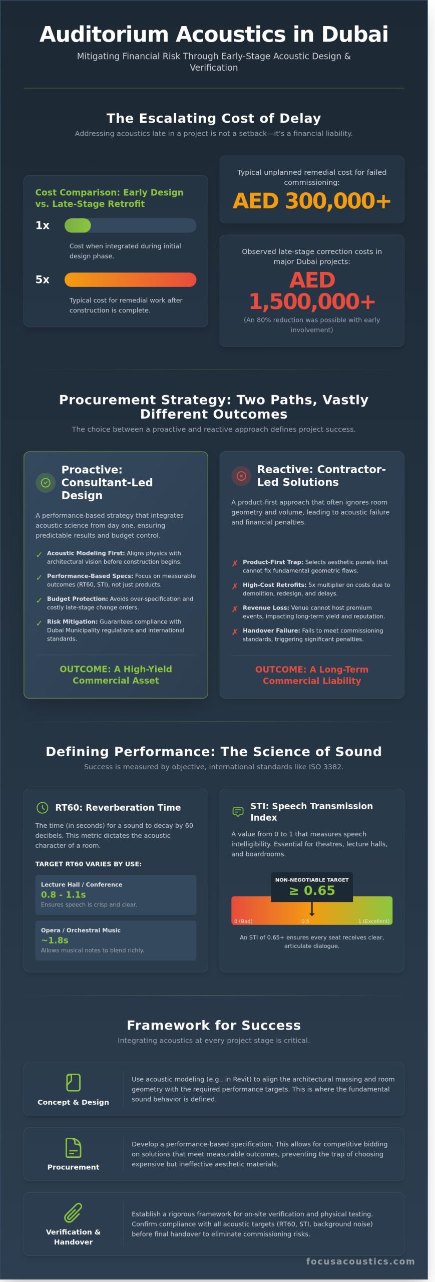 Auditorium Acoustics in the UAE: A Commercial Guide to Performance and Risk - Infographic