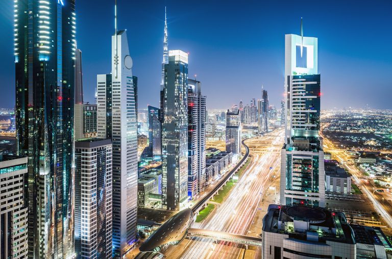 Dubai cityscape, noisy traffic along sheikh zayed road